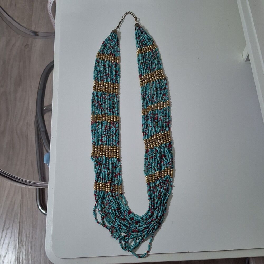 Multi- Layered Turquoise Red Gold Seed Beaded Statement Necklace Long Adjustable
